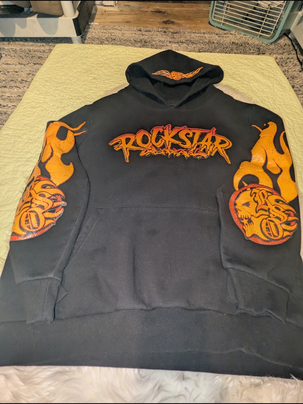 Rockstar Black Hoodie with Orange Flame Graphics